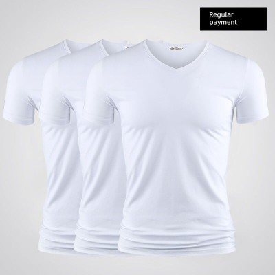 Modal男式纯色V领修身冰丝短袖衬衫